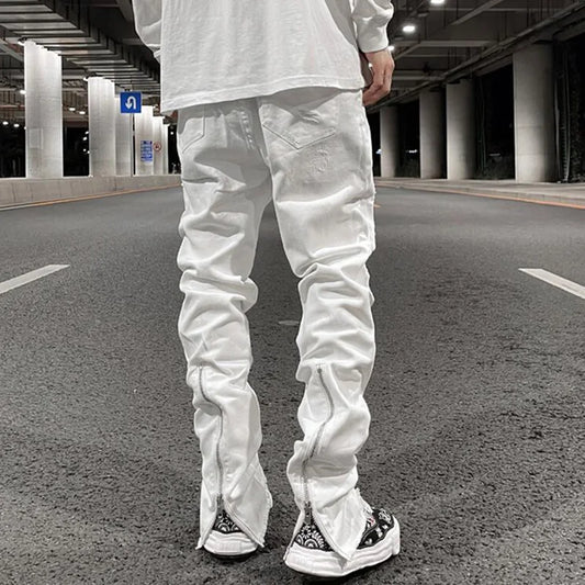 Back Zipper Hole Ripped Jeans For Mens Straight Washed Retro Oversized Streetwear.