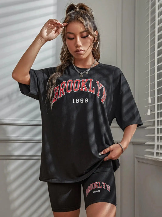Brooklyn 1898 Letter Graphic T-Shirts Set for Women Summer Casual 2 Piece Set.