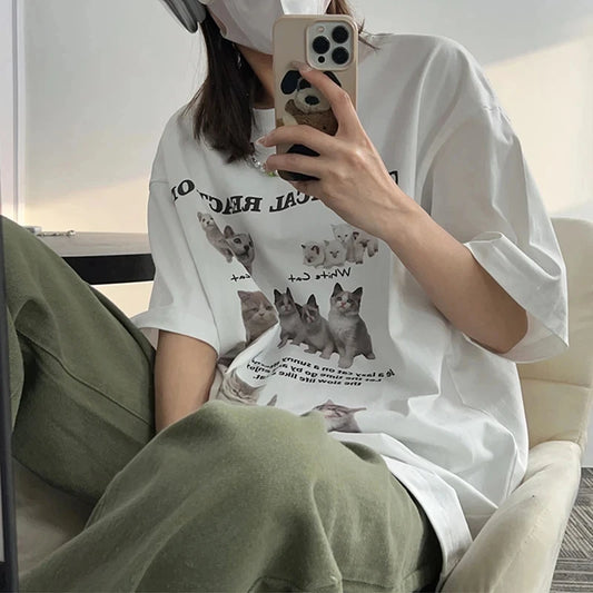 Kawaii Cat Women T-Shirt Oversized Cotton Summer Fashion.