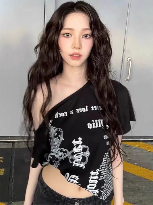 Women's T-Shirts Oversized Off Shoulder Irregular Tees Gyaru Streetwear Summer.