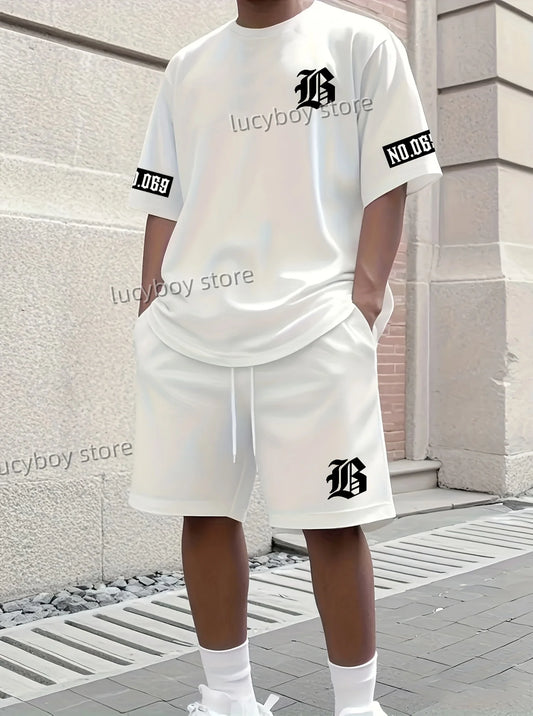 LB Printed Sport T-shirt+shorts Suit Set Men Outfit Summer.